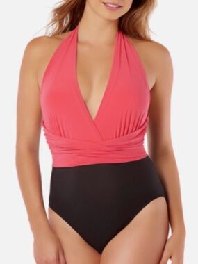 Magic Halter One-Piece Swimsuit in Coral and Black